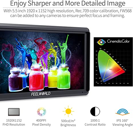 FEELWORLD FW568 V2 5.5 inch DSLR Camera Field Monitor with Waveform LUTs Video Peaking Focus Assist Small Full HD 1920x1152 IPS with 4K HDMI 8.4V DC Input Output Include Tilt Arm - Image 3