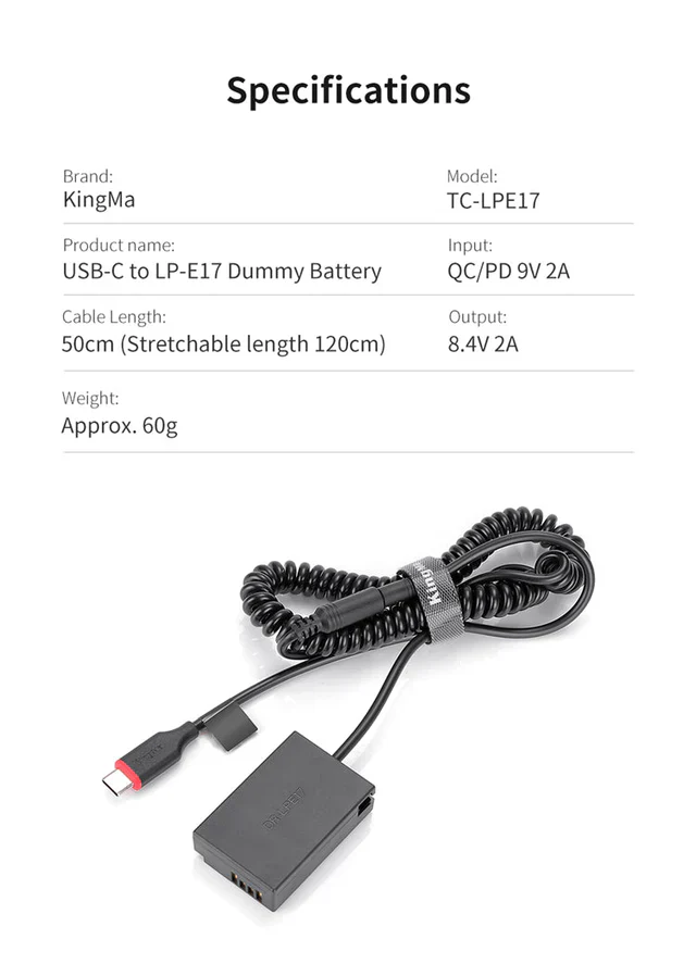 KingMa TC-LPE17 LP-E17 USB-C Replacement Dummy Battery Adapter for Canon - Image 2