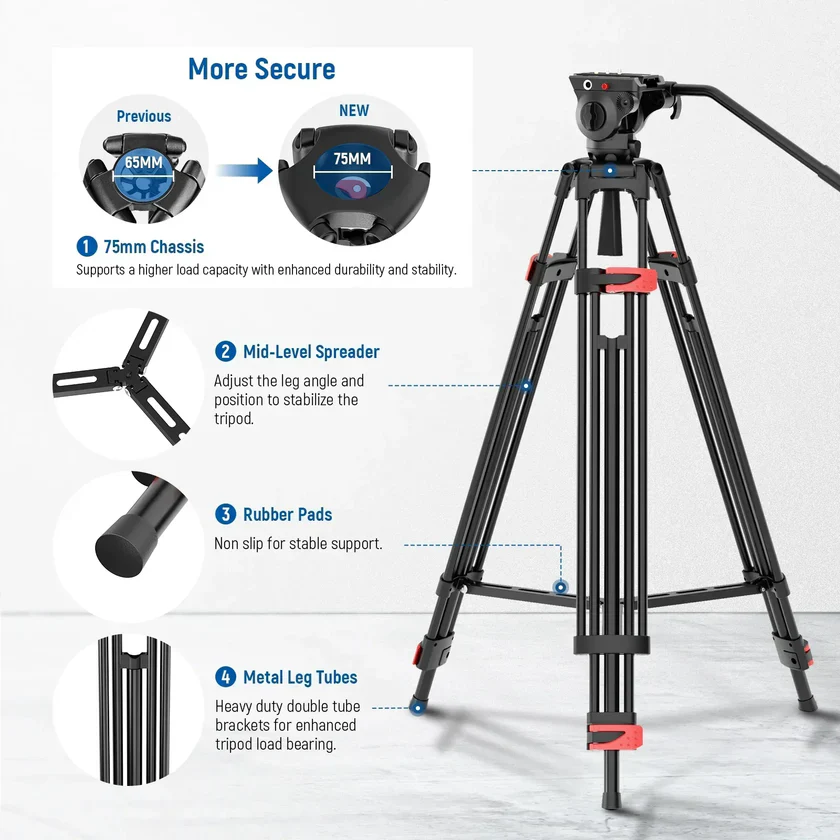 Neewer BASICS TP37 74"/187cm Aluminium Video Tripod with Fluid Head - Image 2