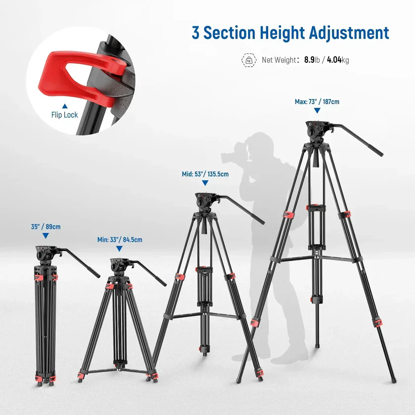 Neewer BASICS TP37 74"/187cm Aluminium Video Tripod with Fluid Head - Image 3
