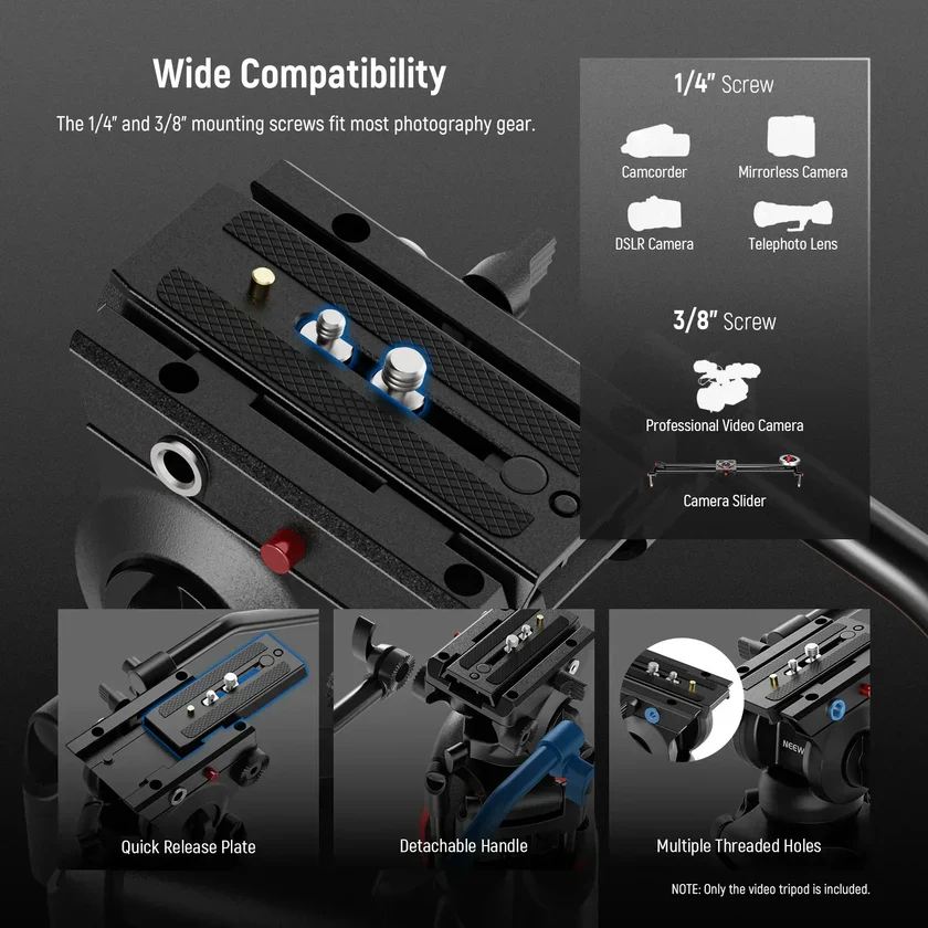 Neewer BASICS TP37 74"/187cm Aluminium Video Tripod with Fluid Head - Image 4