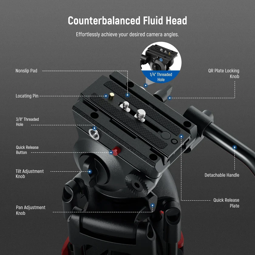 Neewer BASICS TP37 74"/187cm Aluminium Video Tripod with Fluid Head - Image 5