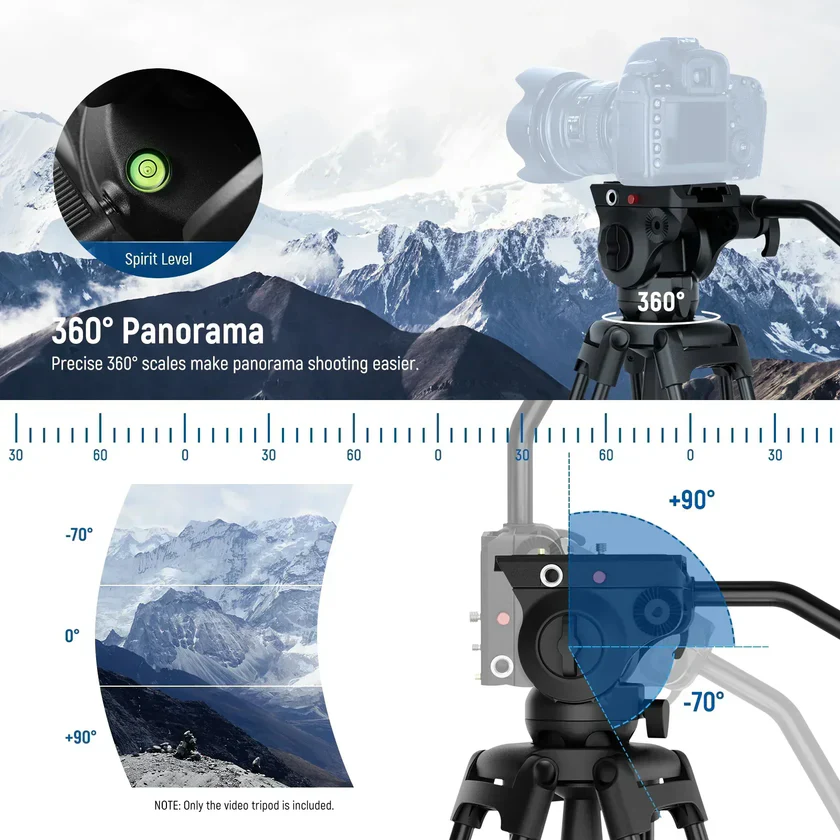 Neewer BASICS TP37 74"/187cm Aluminium Video Tripod with Fluid Head - Image 6
