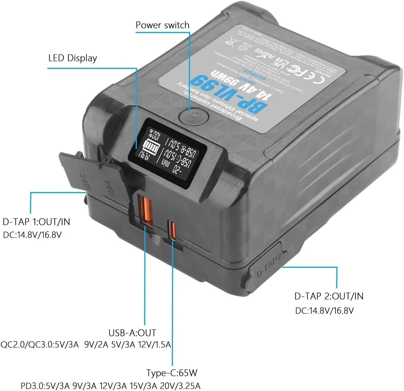 V-Lock Lithium Battery:For BP-VL99 14.4V 99Wh V Mount Battery W LCD Display V Lock V Shape Li-ion Battery For Video & DSLR Cameras - Image 3