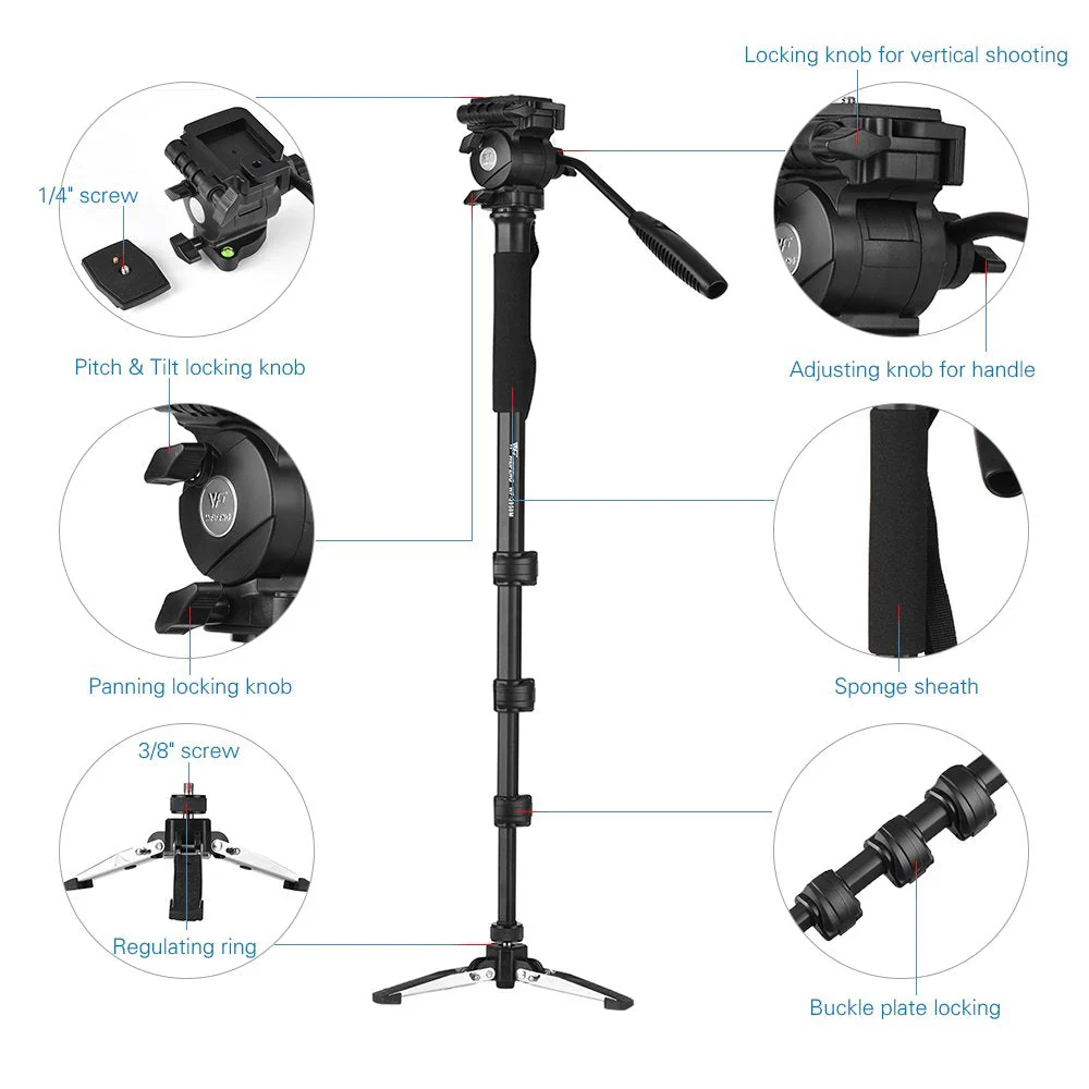 Weifeng WF-3958M Professional Portable Aluminum Alloy Camera Monopod with Fluid Pan Head